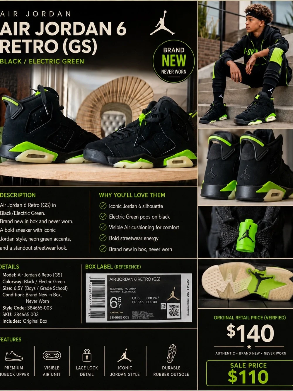 Jordan Air Jordan 6 Retro GS Black with Electric Green Accents